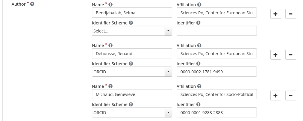 providing ORCID iDs as metadata for a dataset in Dataverse form