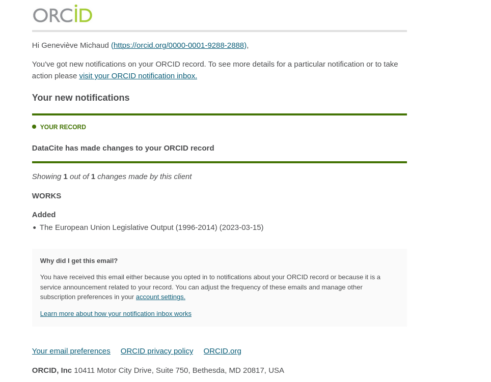 ORCID auto-update email notification