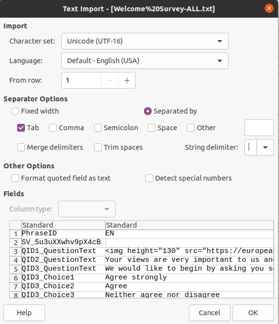 LibreOffice import file parameters