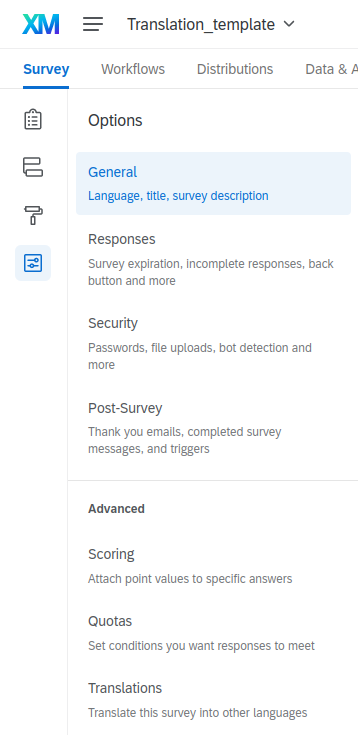 Questionnaire translation menu